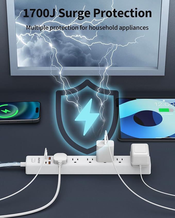 10-foot surge protection power strip, 7 outlets, 4 USB ports (2 USB C), ultra-thin flat extension cord and flat plug, 1700 joules, wall mount, charging station