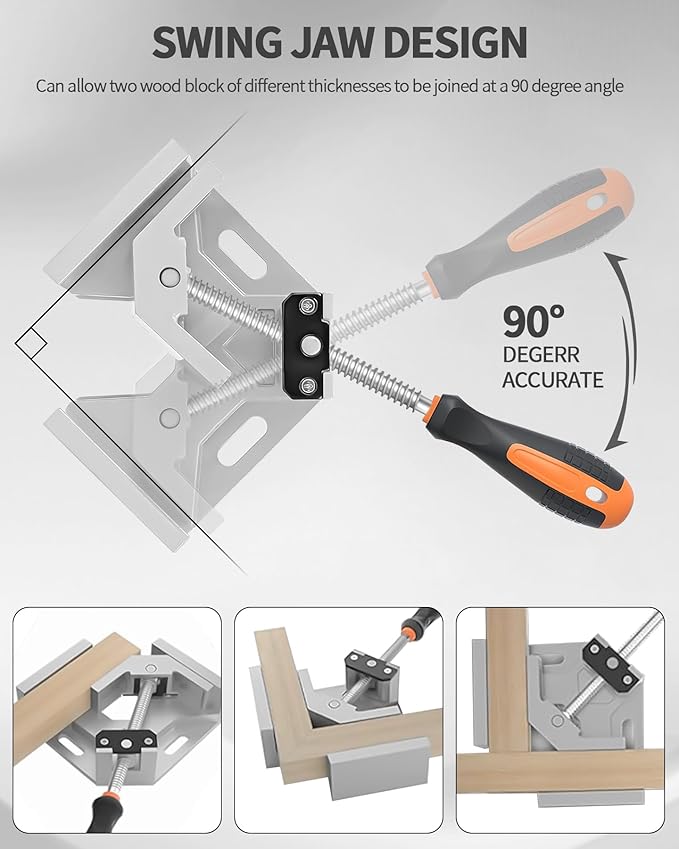 TANYO Corner Clamp 2pcs 90 Degree Right Angle Clamp with Adjustable Aluminum Alloy Swing Jaw, 90°Single Handle Clamps Woodworking Tool for Welding, DIY, Wood Working