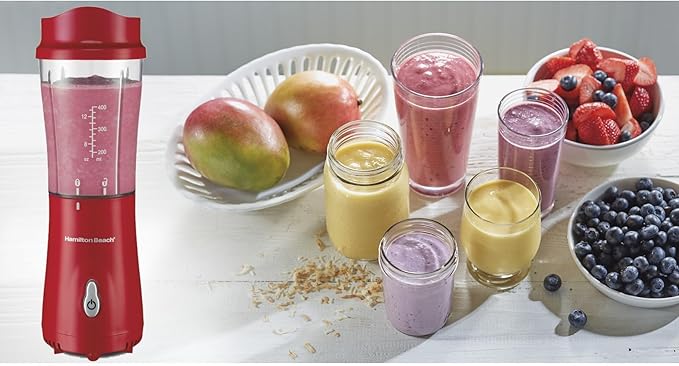 Hamilton Beach Portable Blender for Shakes and Smoothies, 14 Oz BPA Free Travel Cup & Lid, Durable Stainless Steel Blades, Personal Smoothie Blender, Red (51101RV)