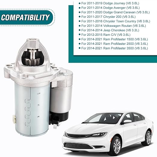 19616 Starter V6 3.6L Fit for Dodge Grand Caravan, Chrysler 200 Town Country, Journey Ram CV Promaster 1500 2500 3500, Routan 14 Cherokee