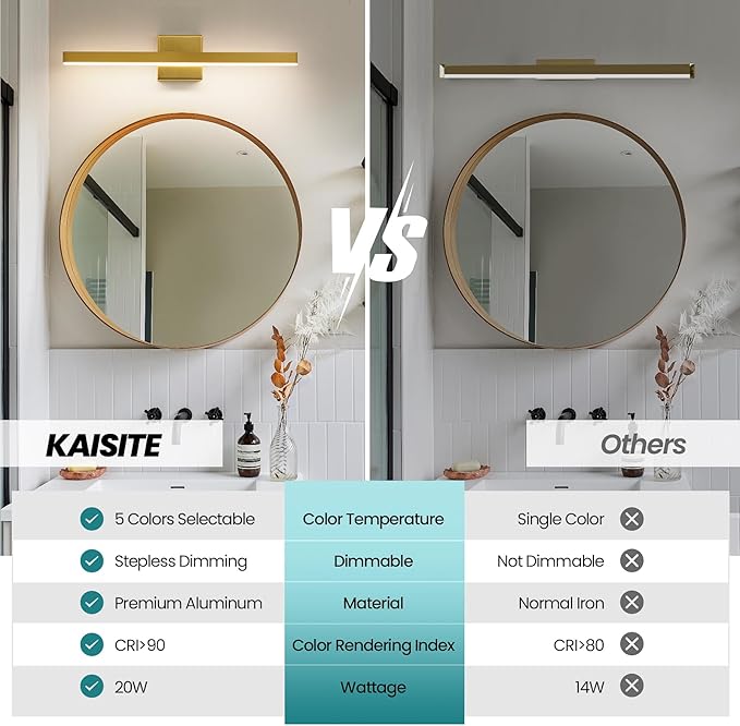 KAISITE Modern Bathroom Vanity Light Gold 24-Inch Fixture Over Mirror - Dimmable 5CCT LED Bar Light for Restroom