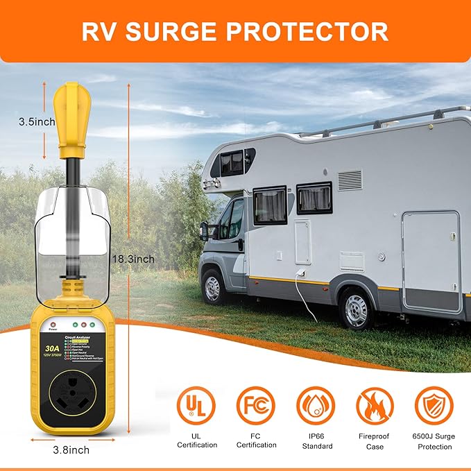 RV Surge Protector 30 Amp, RV Surge Protector with UL Certified, Waterproof Cover, Circuit Analyzer Power Guard for RV, Camper, Trailer -6500 Joules