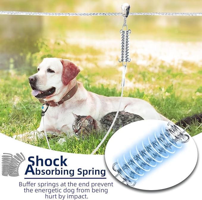 Dog Tie Out Runner for Yard,Trolley System for Large Dogs,Heavy Duty Dog Run Cable Lead 50ft with 10ft Pulley Runner Line for Small Medium and Large Dogs Up to 250lbs Running Outside Yard or Camping