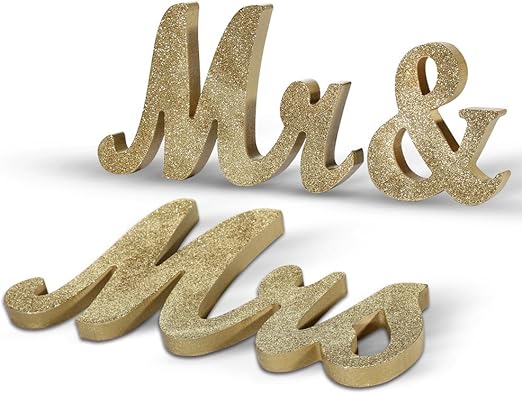 Adeeing Mr and Mrs Signs Wedding Sweetheart Table Decorations Glitter Wooden Freestanding Letters for Photo Props, Rustic Wedding Decoration, Anniversary Wedding Shower Gift (Golden)