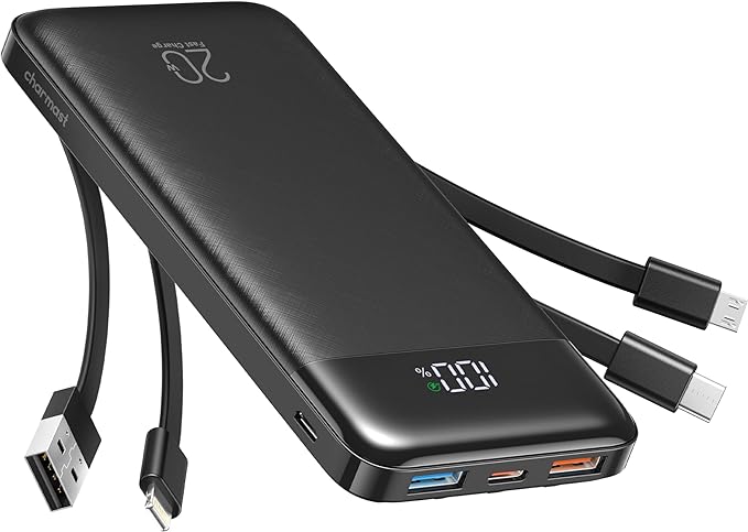 Charmast Power Bank 20000mAh, 20W Fast Charging Portable Charger with Built-in Cables, USB C Battery Pack, Slim Portable Phone Charger Backup Battery for iPhone, Samsung, iPad, More Phones, Tablets