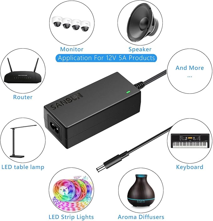 12V 5A Power Supply, AC 120V to DC12V 5.5x2.1mm Jack Converter, 12 Volt LED Driver 60W Adapter Transformer for Strip Lights, Surveillance Cameras, External HDD, Monitor, CCTV (Pack of 1)