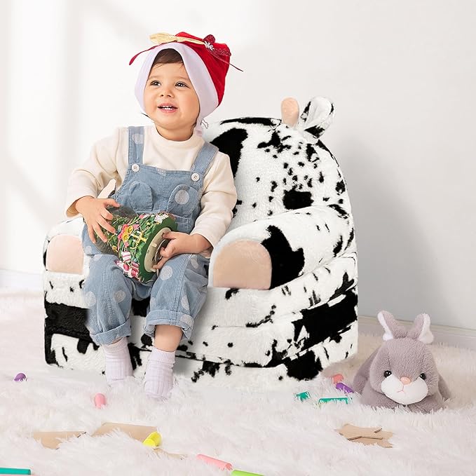 Toddler Chair Plush with Removable Cover, 2-in-1 Toddler Couch Fold Out, Cow Shell, Comfy Couch for Kids Over 18 Months, Kids Furniture for Bedroom, Playroom?Cow?