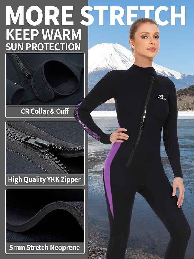 Owntop Wetsuit 5mm Neoprene Diving Suit - Mens Womens Thicken Full Wet Suit, Front Zip Long Sleeve UPF50+ Keep Warm Swimwear for Scuba Surfing Swimming Diving Snorkeling Water Sports