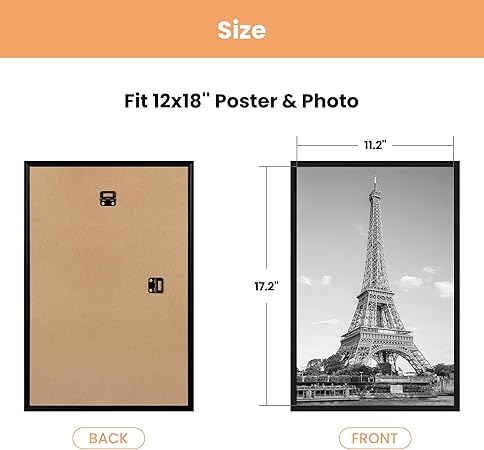 upsimples 12x18 Picture Frame Black 3 Pack, Scratch-Proof Poster Frames 12 x 18 for Photo Gallery - Slide-In Strips, Horizontal or Vertical Wall Mounting