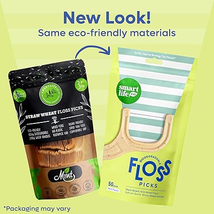 SmartLifeco Biodegradable Dental Floss Picks - Plant Based Handle, Thin Thread Tooth Flossers for Adults Kids, Eco Friendly Toothpick Soft on Gum Teeth, Compostable Zero Waste Vegan, 1 Bag - 50pk