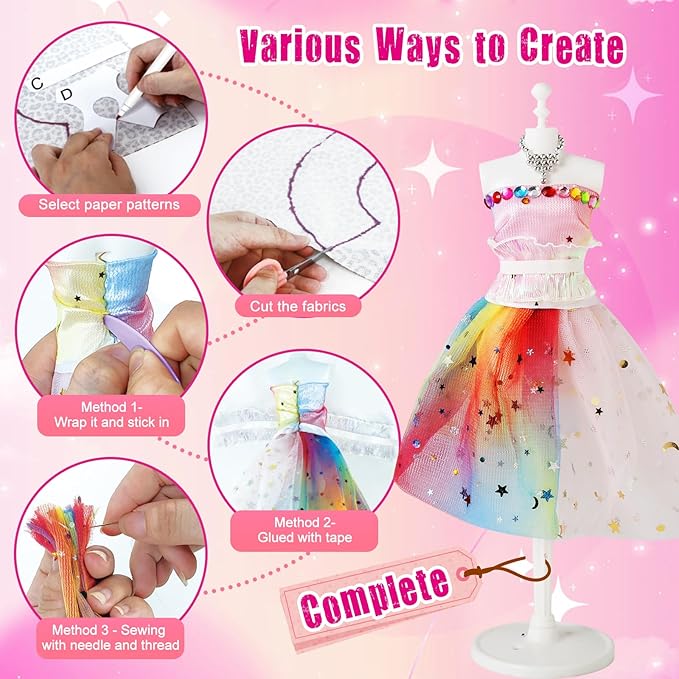 OCHIDO 600Pcs Fashion Designer Kits for Girls 6 7 8 9 10 11 12 Years Old,DIY Arts Crafts Set with 4 Mannequins,Sewing Kit for Kids for Birthday Christmas Gift for Ages Girls 6-8, 8-12