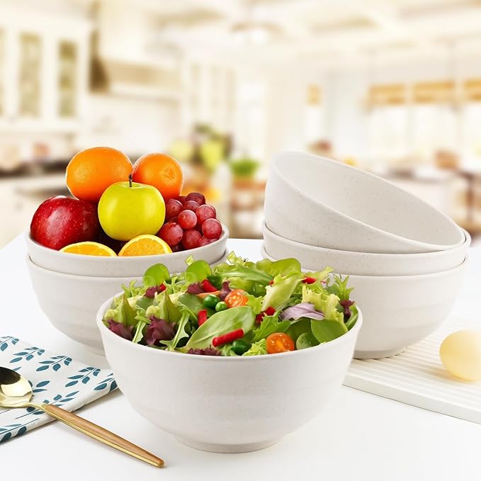 60oz Wheat Straw Bowls Set of 6, Unbreakable Ramen Bowl - White