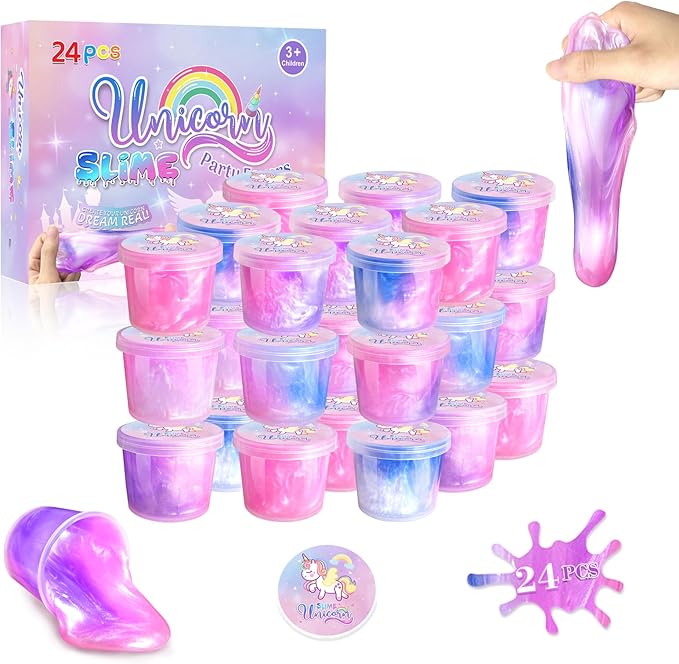 24 Pack Unicorn Slime Party Favors for Kids Slime Cup Bulk DIY Stress Relief Putty Toy Stretchy Non-Sticky Christmas Easter Birthday Goodie Bag Stuffer Classroom Reward for Girls Boys