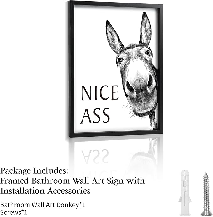 Framed Bathroom Wall Art, Donkey in Bathroom for Bathroom Wall Decor Farmhouse Home Bathroom Decor Sets Funny Bathroom Signs (8"x10",Black)