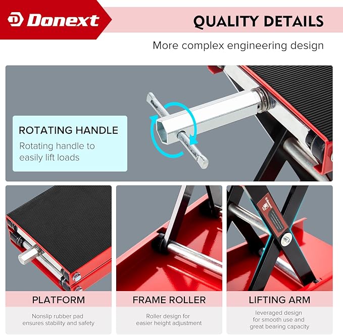 Donext Motorcycle Lift Scissor Jack, 1200 LB Capacity Wide Deck Hoist Stand Maintenance Bikes ATVs Garage Repair Center Stand Lift Jack, Red