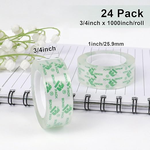 BOMEI PACK Crystal Clear Transparent Tape Refills Rolls for Dispenser, 24 Rolls Value Pack, 3/4 in x 1000 in,1 inch Core, Gift Wrapping Tape for Office, School and Home