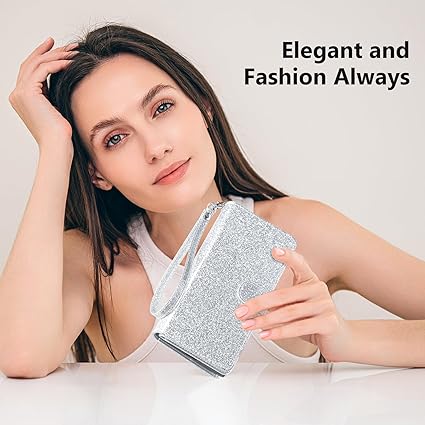 Varikke for iPhone 16 Pro Max Wallet Case Detachable with Card Holder for Women, Fashion Glitter PU Leather Strap Magnetic Flip Wallet Removable Phone Case Cover for iPhone 16 Pro Max 6.9", Silver