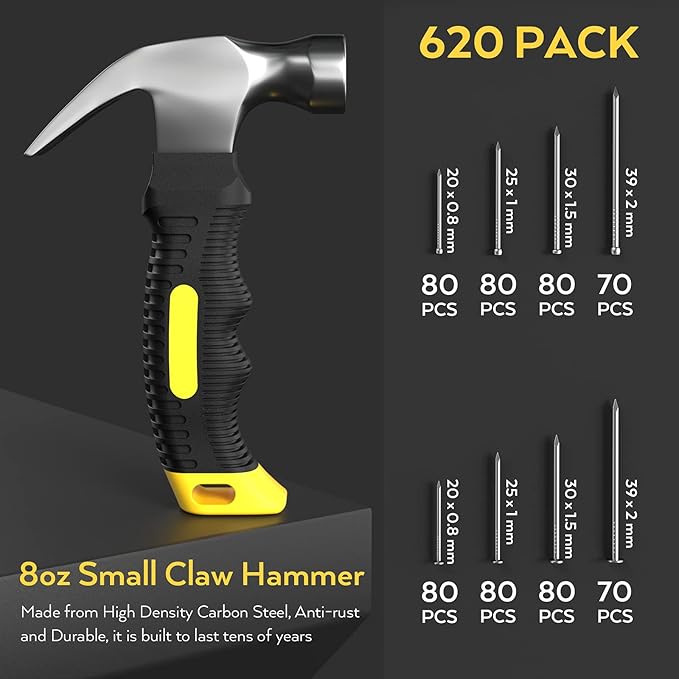 INCLY 620 PCS Small Nails for Hanging Pictures Assortment Kit with 8oz Claw Small Hammer, Mini Hammer Set with Hardware Nails Assorted Set 310 Wall Nails 310 Finish Nails for Installing with Case