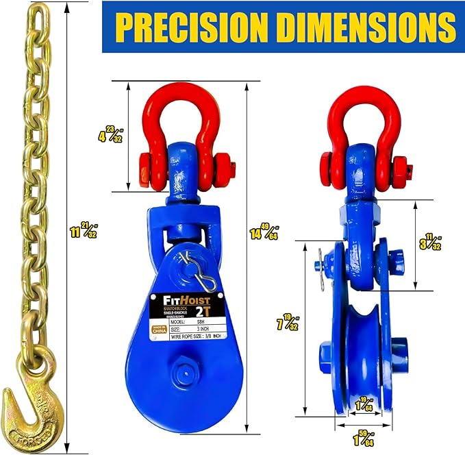 2 Ton Snatch Block with G80 Chain | 3'' Sheave for 3/8" Inch Wire Rope | Pulley Block with Shackle for Heavy Duty Towing and Recovery Equipment | Tow Truck Rollback Wrecker Car Hauler Winch