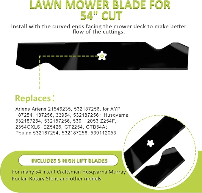Lawn Mower Blades Z254 54 Inch Compatible with Husqvarna Z254F 532187256 YTH2454 LGT2554 LGT2654 Fits Craftsman Poulan Replace OEM Part: 187256, 532187256, 539112053, 187254