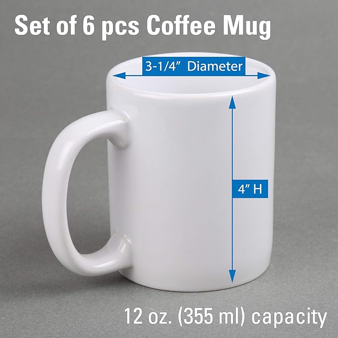 Creative Home - 85355 Creative Home Set of 6 Piece, 12 oz Ceramic Coffee Mug Tea Cup, 3-14" D X 4" H, White