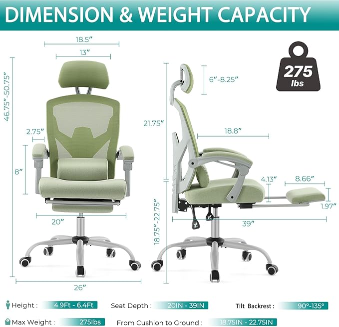 DUMOS Home Office Desk Chair with Footrest, High-Back Mesh Rolling Swivel Reclining Chairs with Wheels, Comfortable Headrest, Lumbar Support, Comfy Arms for Home, Office, Gaming, Student, Green
