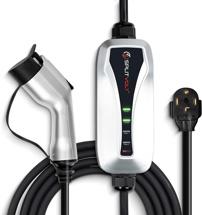 Splitvolt NEMA 14-30 Level 2 EV Charger 24 Amp, 220-240 Volt, 26ft Cable, Electric Vehicle Charger Plug-in EV Charging Station with J1772 Plug, Fastest 30 Amp Circuit NEC-Safe Charging