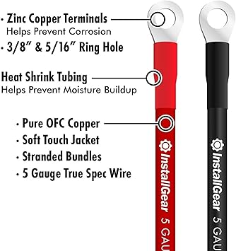 InstallGear AWG 5 Gauge 10ft Battery Power Inverter Cables - 2ct Red/Black Battery Cable for Solar, Auto, RV and Marine, Lawn Mower - 99.9% Deoxigenized Copper, Set - Battery Cable Wire - Battery Wire