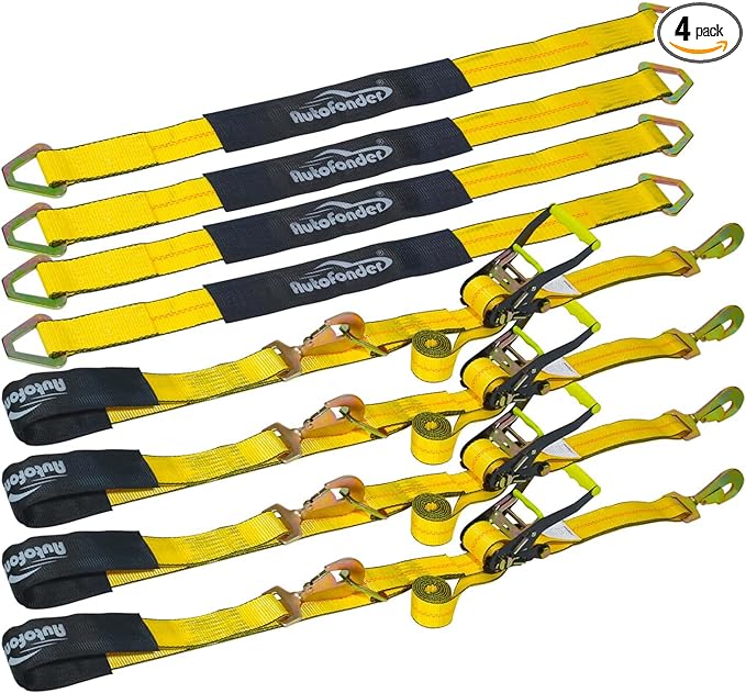4 Pack 2 Heavy Duty Car Ratchet Tie Down Kit with Snap Hooks-Break Strength 10,000lbs-Working Load 3,333lbs-Includes 36 Axle Straps with D-Ring(Yellow)