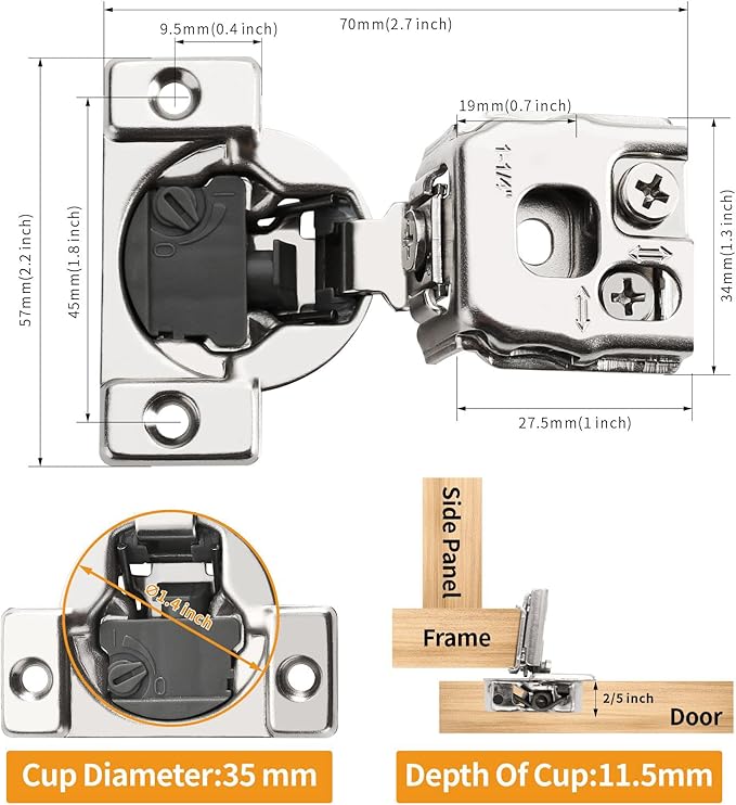 2 Pack 1-14" 4D Overlay Soft Close Concealed Hinges for Face Frame Door, Control Closing Speed, Smooth Slow Self Close Hinges, Satin Nickel, 105 Open Angle Stainless Steel Cabinet Hinges