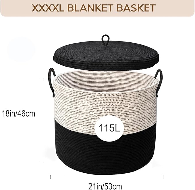 21 x 18 Inch Extra Large Storage Baskets Rope Baskets with Lid Living Room Blanket Basket with Lid Bedroom Baskets Large Round Black Color 115L