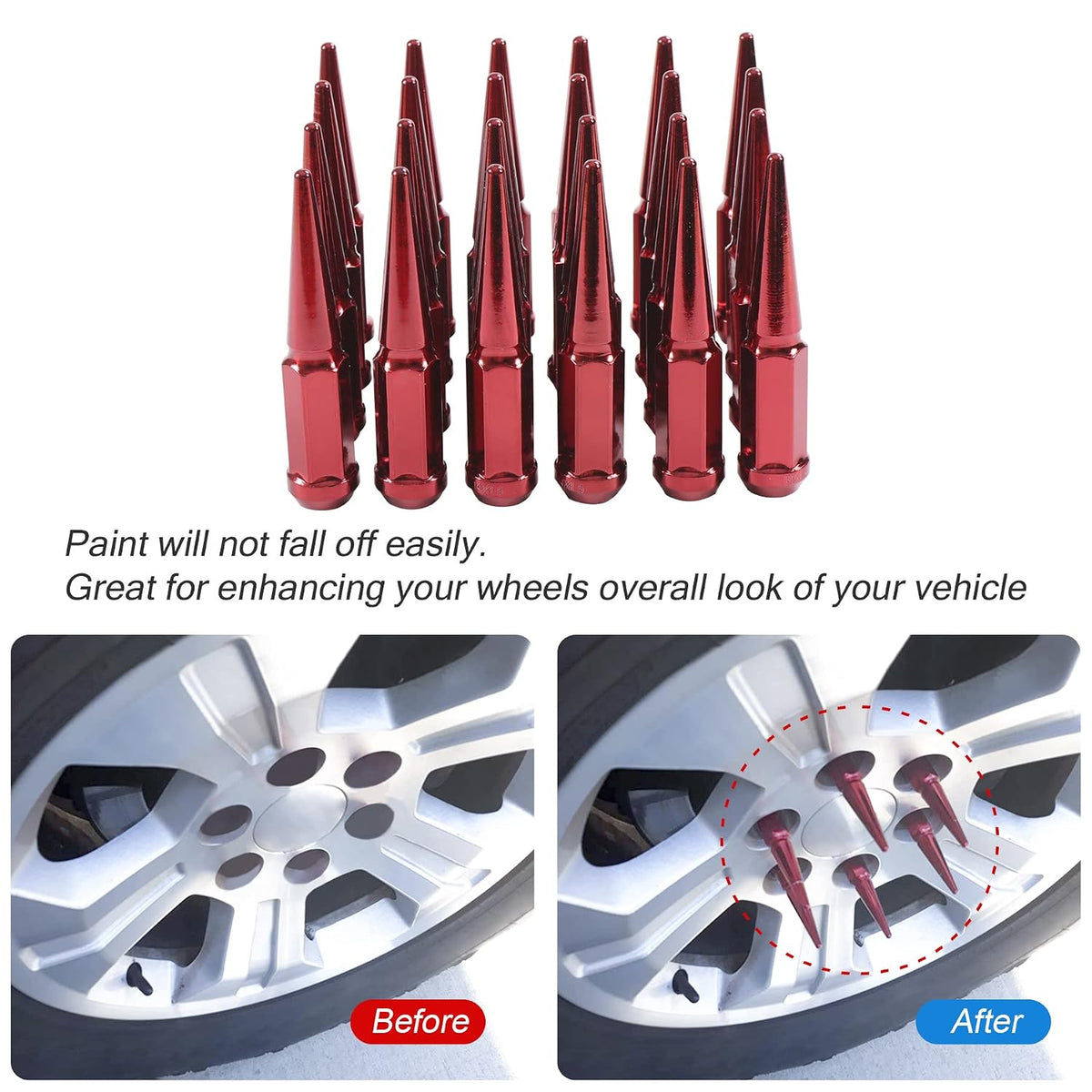 New Wheel Spike Lug Nuts (24pcs) with 1 Socket Key Red 14x1.5 4.5 Tall 6 Lug 14mmx1.5 Replacement for GMC Chevy Ford Vehicles