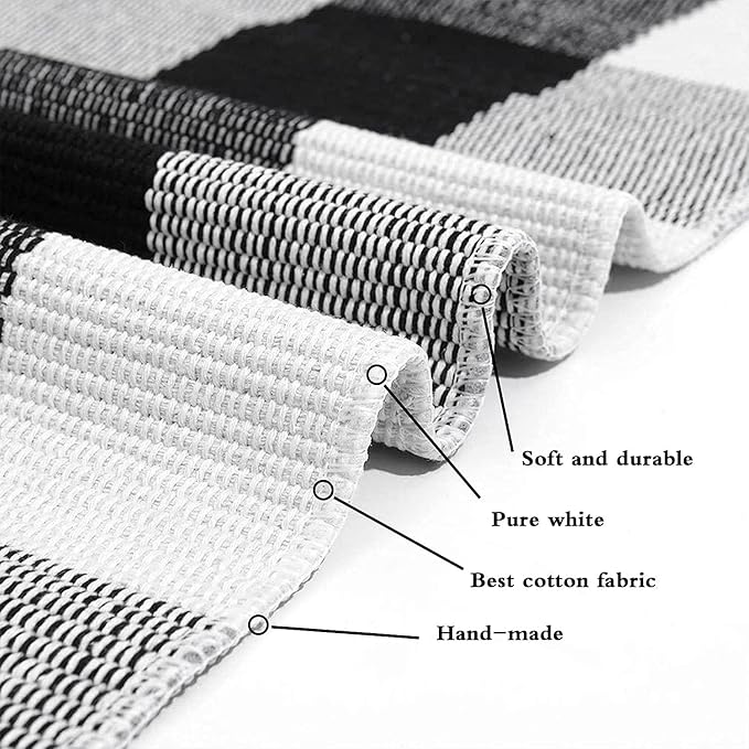 SEEKSEE Cotton Buffalo Plaid Rug 2'x3' Black and White Checked Rug Washable Doormats Indoor Outdoor Rugs for Layered Front Door Mats, Porch, Kitchen, Farmhouse, Entryway