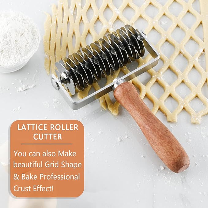 Stainless Steel Dough Lattice Top Cookie Pie Pizza Bread Pastry Crust Roller Cutter Holder Wooden Handle, Lattice Dough Cutter for Fishnet Crust