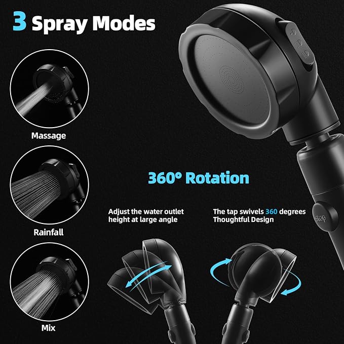 Marbrasse High Pressure Shower Head, 3-Settings Handheld Showerhead with ONOff Full Shutoff Push Button and Switch to Control Flow, Angle-Adjustable Water Saving Body Sprays (Matte Black)
