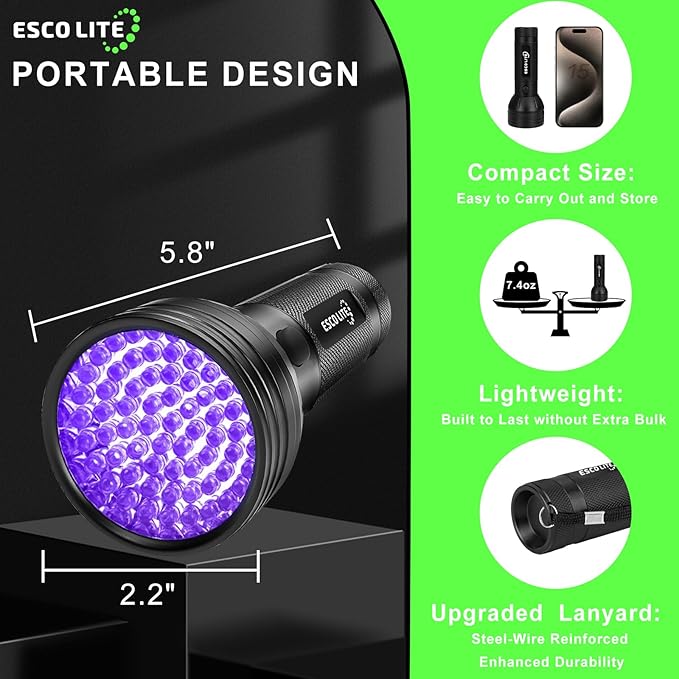 ESCO LITE Escolite UV Flashlight Black Light, 51 LED 395 nM Ultraviolet Blacklight Detector for Dog Urine, Pet Stains and Bed Bug