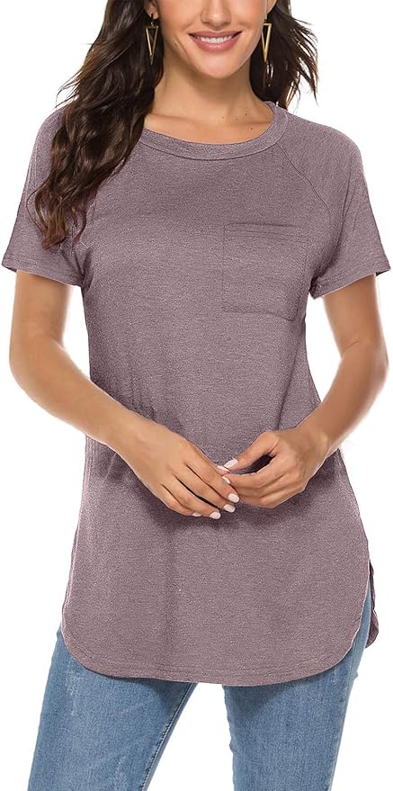 Newchoice Women's Short Sleeve Tunic Tops Casual Round Neck Loose Summer Basic Shirts With Pockets