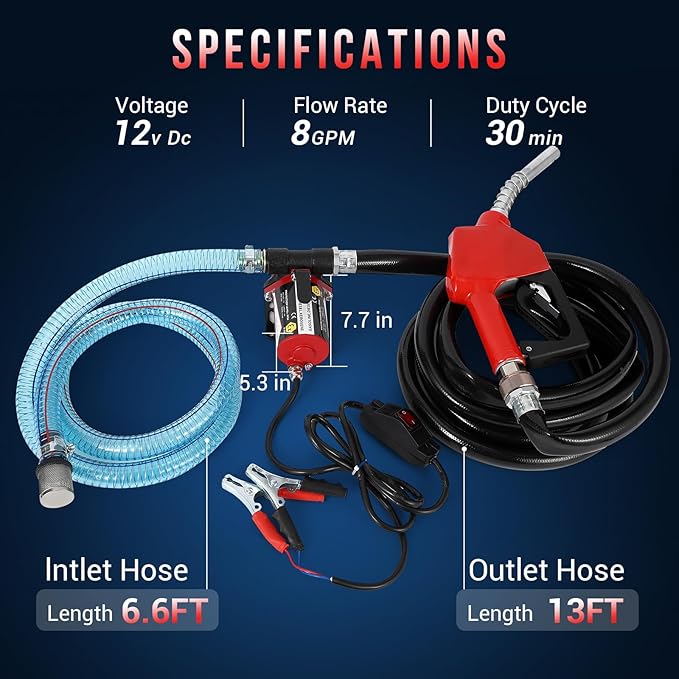 GAOMON 12V Fuel Transfer Pump, Diesel Transfer Pump with Nozzle Hose for Gasoline, Diesel, 8 GPM Self Priming DC Electric Diesel Fuel Transfer Pump Kit, Black