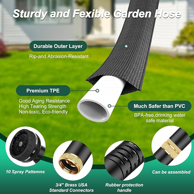 Flexible Garden Hose 25ft, Lightweight Water Hose with 10 Function Spray, Portable Water Pipe Leak-Proof Kink Free Non-Shrinking Drinking Water Safe Hose Durable for Car Wash Patio Yard House Camping