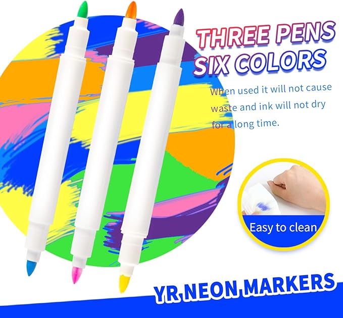 YR Dual Sided Neon Pens For Light Up LED Board, Neon Markers Applicable For Draw, Sketch, Create, Doodle, Art, Write, Learning Tablet, 6 Packs