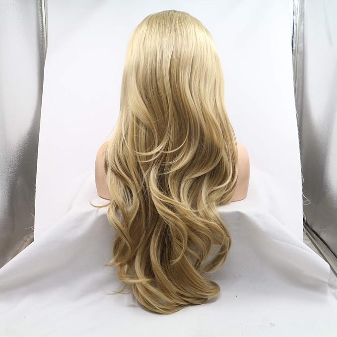Xiweiya long blonde synthetic lace front wigs wavy side part wavy wig brown root long blonde wavy wig hair replacement wig for women, drag queen makeup 24 inch (24")