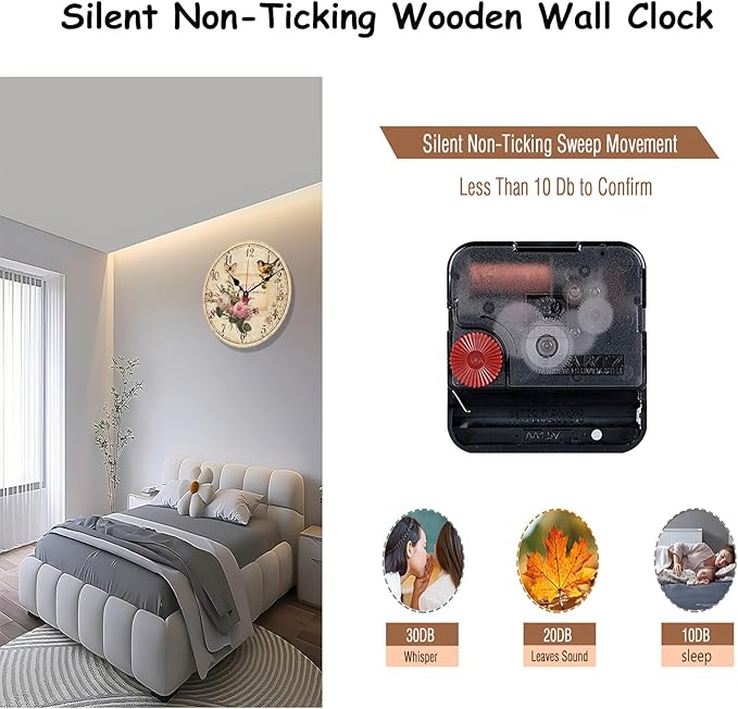 12 Inch Wood Wall Clock Silent Non-Ticking Wall Clocks for Office,Bathroom,Living Room,Dining Room,Kitchen Decoration, FlowersBirds Style Round Hanging Clock