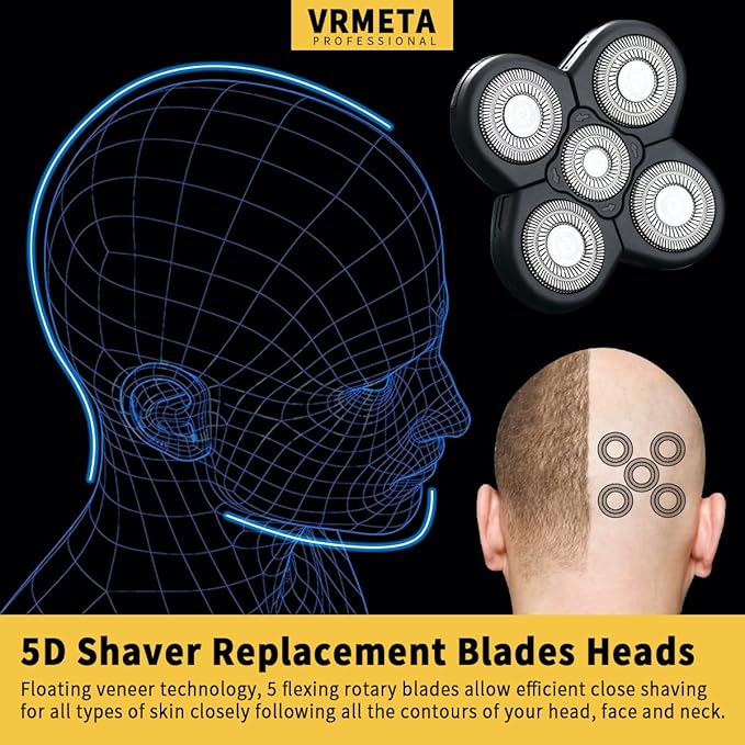 Men's Electric Shaver Replacement Heads 5D Sharp Stainless Steel Head Shaver Replacement Heads Floating Shaver Blades for Electric Rotary Shaver (5 heads (Black)