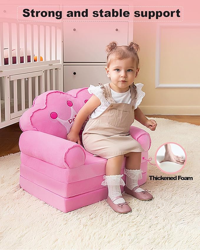 MOONBEEKI Kids Couch Fold Out, Foldable Princess Chair for Toddlers 1-3, Sofa Bed for Kids Folding Toddler Bed Lounger Chair for Bedroom (Pink)