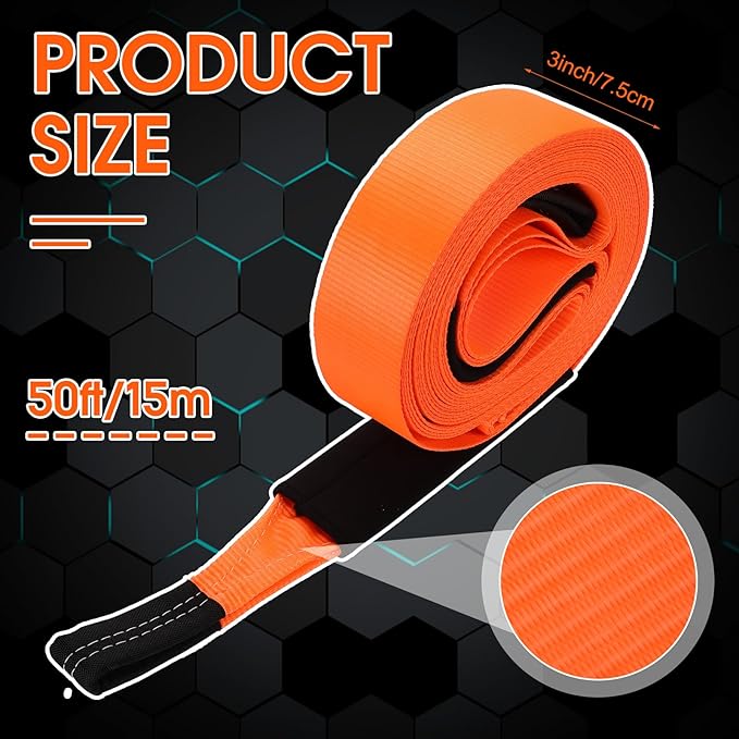 Windyun 3" x 50 ft Recovery Tow Strap Road Straps Heavy Duty Tow Rope Recovery Rope with Reinforced Loops and Protective Sleeves for Vehicle Truck Winching Gear Accessories 20, 000 Lbs