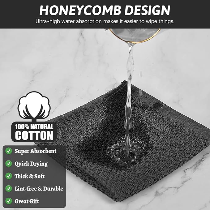 Nialnant Cotton Terry Dish Cloths,Super Soft Dish Towels for Kitchen,Absorbent Dish Rags for Cleaning,12x12 Inches,Black