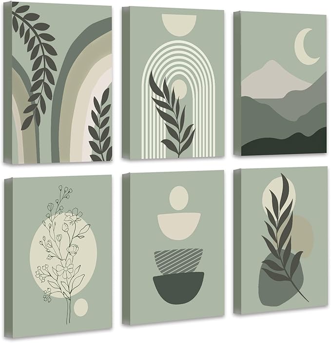 Drsoum Green Boho Wall Art Mid-Century Modern Wall Decor Canvas Framed Print Minimalist Botanical Abstract Geometric Aesthetic Neutral Boho Room Decor for Bedroom, Living Room, Bathroom 12"x16" ,Set