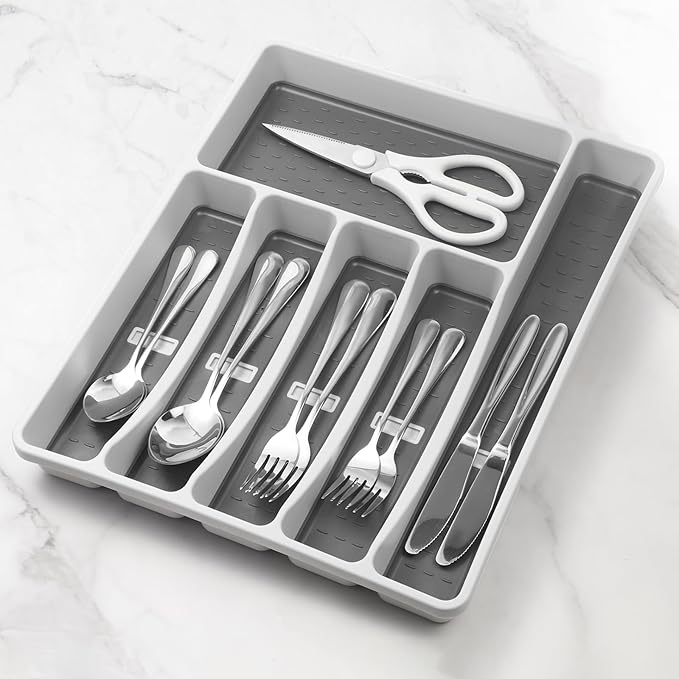Silverware Organizer with Cutlery Icons,Silverware Tray for Kitchen Drawer,Plastic Flatware Tableware Cultery Drawer Organizer Utensil Organizer with Non-slip TPR Linings,6-Compartment