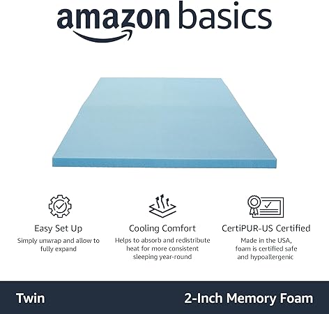 Basics Twin Mattress Topper, Cooling Gel-Infused, CertiPUR-US Certified, 2 Inches, Blue