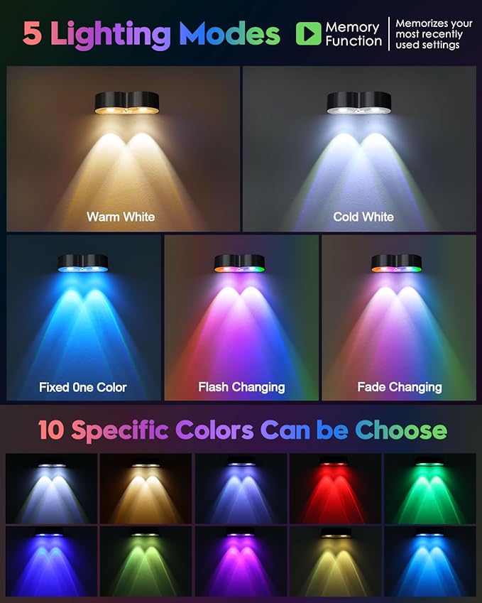 Pack of 8 upgraded solar lights for outdoor fence with point lenses, warm white, cool white and RGB 8 fixed colors, bright waterproof color lights for fence, wall, step,